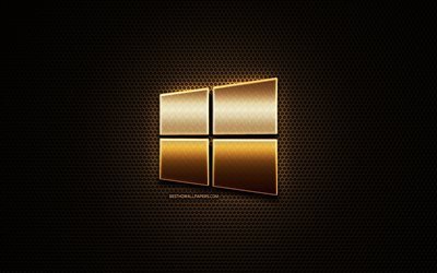 Windows 10 logo glitter, OS, creativo, griglia di metallo sfondo, Windows 10 3D logo, marchi, Windows 10