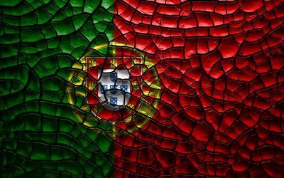 フラグのポルトガル, 4k, ひび割れの土, 欧州, ポルトガル語フラグ, 3Dアート, ポルトガル, 欧州諸国, 国立記号, ポルトガルの3Dフラグ