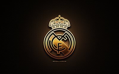 Real Madrid FC, glitter logo, La Liga, spanish football club, metal grid background, Real Madrid glitter logo, LaLiga football, soccer, Real Madrid CF, Spain
