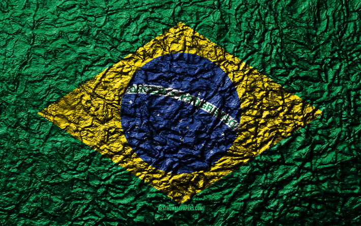 Flag of Brazil, 4k, stone texture, waves texture, Brazilian flag, national symbol, Brazil, South America, stone background