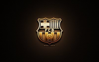 Barcelona FC, glitter logo, La Liga, FCB, spanish football club, metal grid background, Barcelona glitter logo, LaLiga football, soccer, FC Barcelona, Spain