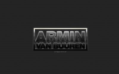 Armin van Buuren, logo, tyylik&#228;s metallinen logo, tunnus, merkkej&#228;, metalli tausta, Hollantilainen DJ