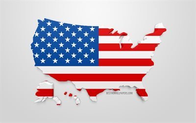 3d bandeira dos EUA, silhueta mapa dos EUA, Arte 3d, Bandeira americana, Am&#233;rica Do Norte, EUA, geografia, EUA 3d silhueta