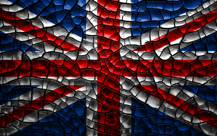 علم المملكة المتحدة, 4k, تصدع التربة, أوروبا, المملكة المتحدة العلم, الفن 3D, المملكة المتحدة, البلدان الأوروبية, العلم البريطاني, الرموز الوطنية, المملكة المتحدة 3D العلم