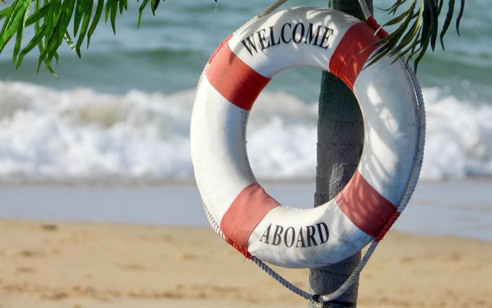 Lifebuoy, welcome to the beach, water wheely, ring buoy, lifering, lifesaver, life donut, summer, beach, palm trees