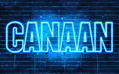 Canaan, 4k, wallpapers with names, horizontal text, Canaan name, Happy Birthday Canaan, blue neon lights, picture with Canaan name