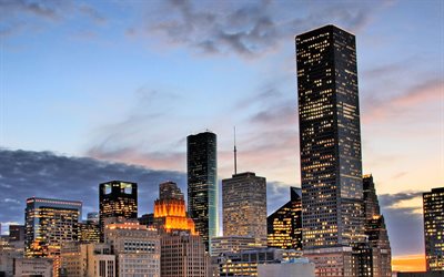 Houston, Texas, noite, p&#244;r do sol, arranha-c&#233;us, edif&#237;cios modernos, paisagem urbana, EUA