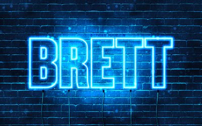 Brett, 4k, pap&#233;is de parede com os nomes de, texto horizontal, Brett nome, Feliz Anivers&#225;rio Brett, luzes de neon azuis, imagem com Brett nome