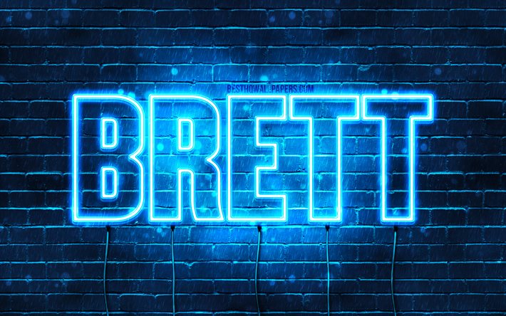 Brett, 4k, sfondi per il desktop con i nomi, il testo orizzontale, Brett nome, Felice Compleanno Brett, neon blu, immagine con nome Brett