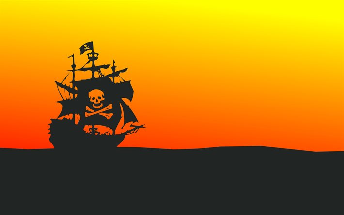 piratskepp, 4k, skyline, pirater, minimal, kreativa, fartyget siluett, fartyg vid horisonten