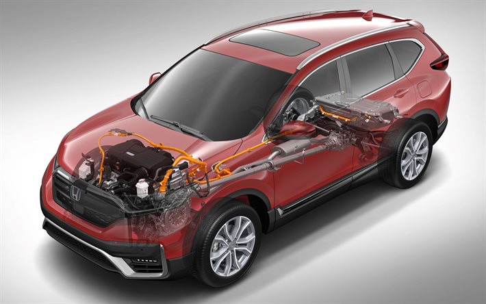 Honda CR-V, 2020, hybrid, car device diagram, how does an electric car work, how does all-wheel drive work, new red CR-V, japanese cars, Honda