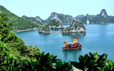 Vietnam, coast, Cat Ba Island, tropical islands, evening, sunset, Vietnamese ship
