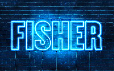 Fisher, 4k, tapeter med namn, &#246;vergripande text, Fisher namn, Grattis P&#229; F&#246;delsedagen Fisher, bl&#229;tt neonljus, bild med Fisher namn