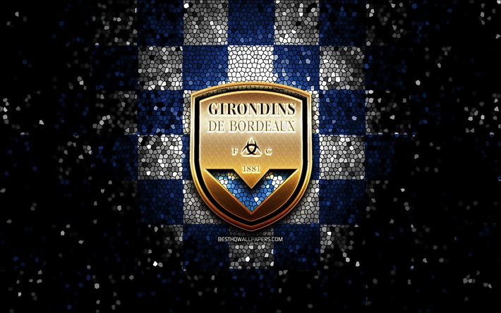 FC Girondins de Bordeaux, glitter logo, Ligue 1, blue white checkered background, soccer, Girondins de Bordeaux, french football club, Girondins de Bordeaux logo, mosaic art, football, France