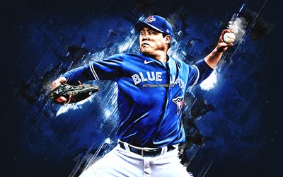 Hyun-Jin Ryu, Toronto Blue Jays, MLB, korean baseball player, portrait, blue stone background, baseball, Major League Baseball, USA