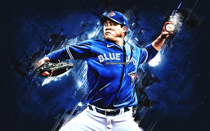 Hyun-Jin Ryu, Toronto Blue Jays, MLB, koreanska sk&#229;despelare, portr&#228;tt, bl&#229; sten bakgrund, baseball, Major League Baseball, USA