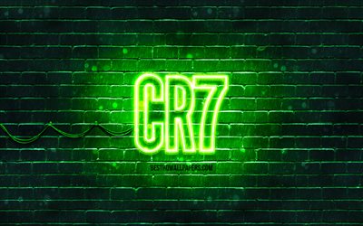 CR7 الأخضر شعار, 4k, الأخضر brickwall, كريستيانو رونالدو, مروحة الفن, شعار CR7, نجوم كرة القدم, CR7 النيون شعار, CR7, كريستيانو رونالدو شعار