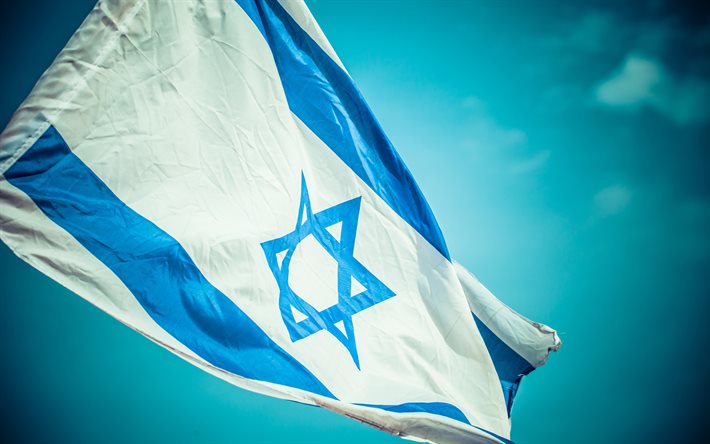 4k, Israelin lippu, sininen taivas, Aasiassa, kansalliset symbolit, lipputanko, Israel, Aasian maissa, Israel 3D flag