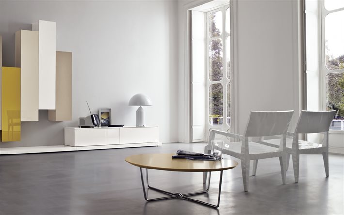elegante soggiorno e di interni, arredamento di design, soggiorno, pareti bianche, interni eleganti, lo stile del minimalismo