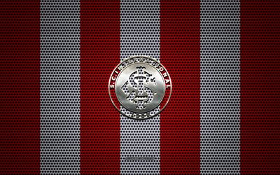 SC Internacional logo, Brazilian football club, metal emblem, red and white metal mesh background, SC Internacional, Serie A, Porto Alegre, Brazil, football, Inter RS