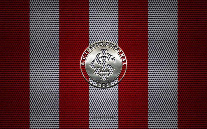 SC Internacional logo, Brazilian football club, metal emblem, red and white metal mesh background, SC Internacional, Serie A, Porto Alegre, Brazil, football, Inter RS