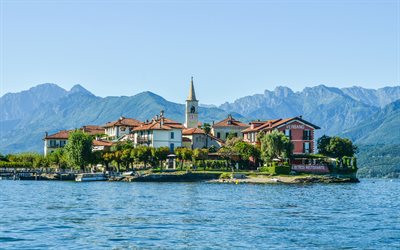 Isola dei Pescatori, el Lago Maggiore, de los Alpes, en la bella isla, verano, lago, monta&#241;a, paisaje, Italia