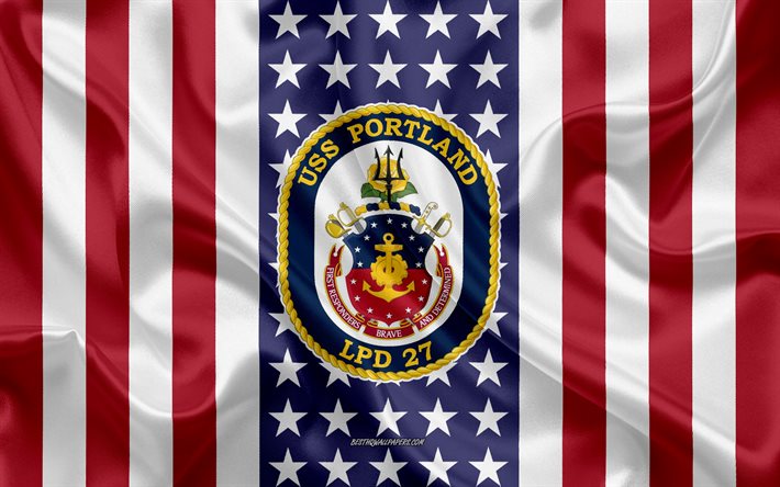 USS Portland Emblem, LPD-27, Amerikanska Flaggan, US Navy, USA, USS Portland Badge, AMERIKANSKA krigsfartyg, Emblem av USS Portland