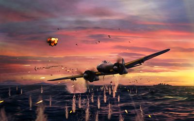 Nakajima J1N Gekko, J1N1, Fighter Aircraft, Japanese Imperial Navy, World War II, evening, sunset, sea, kamikaze
