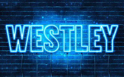 Westley, 4k, pap&#233;is de parede com os nomes de, texto horizontal, Westley nome, Feliz Anivers&#225;rio Westley, luzes de neon azuis, imagem com Westley nome