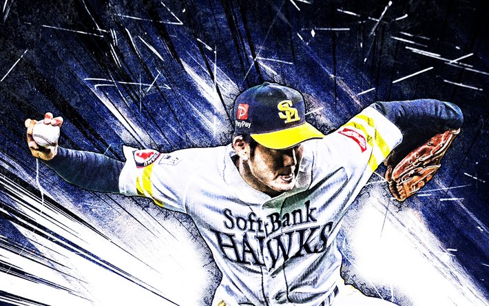 4k, Rei Takahashi, el grunge de arte de Fukuoka Softbank Hawks, lanzador de b&#233;isbol, Takahashi Rei, azul abstracto rayos, Nippon Professional Baseball, Rei Takahashi 4K