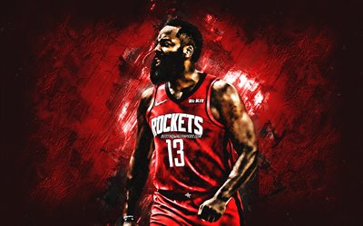 James Harden, NBA, Houston Rockets, red stone background, American Basketball Player, portrait, USA, basketball, Houston Rockets players
