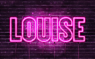 Louise, 4k, tapeter med namn, kvinnliga namn, Louise namn, lila neon lights, Grattis P&#229; F&#246;delsedagen Louise, bild med Louise namn