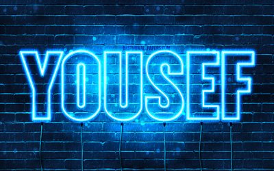 Yousef, 4k, wallpapers with names, horizontal text, Yousef name, Happy Birthday Yousef, blue neon lights, picture with Yousef name