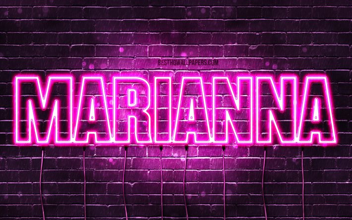 Marianna, 4k, خلفيات أسماء, أسماء الإناث, اسم ماريانا, الأرجواني أضواء النيون, عيد ميلاد سعيد ماريانا, الصورة مع اسم ماريانا