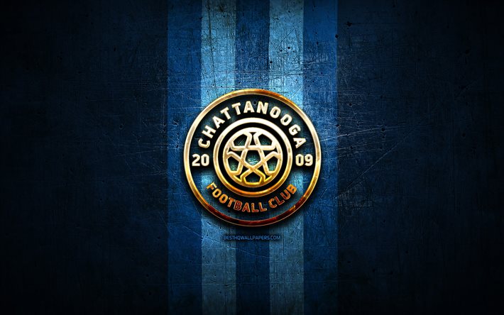 Chattanooga FC, golden logo, NISA, blue metal background, american soccer club, Chattanooga, National Independent Soccer Association, Chattanooga logo, soccer, USA