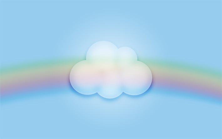 valkoinen pilvi, luova, rainbow, kuvitus, sininen tausta, minimaalinen, tausta, pilvi