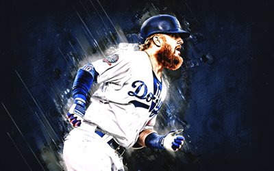 Justin Turner, Los Angeles Dodgers, MLB, retrato, jogador de beisebol americano, a pedra azul de fundo, beisebol, Major League Baseball