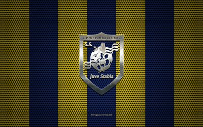 SS Juve Stabia logo, Italian football club, metal emblem, blue and yellow metal mesh background, SS Juve Stabia, Serie B, Castellammare di Stabia, Italy, football
