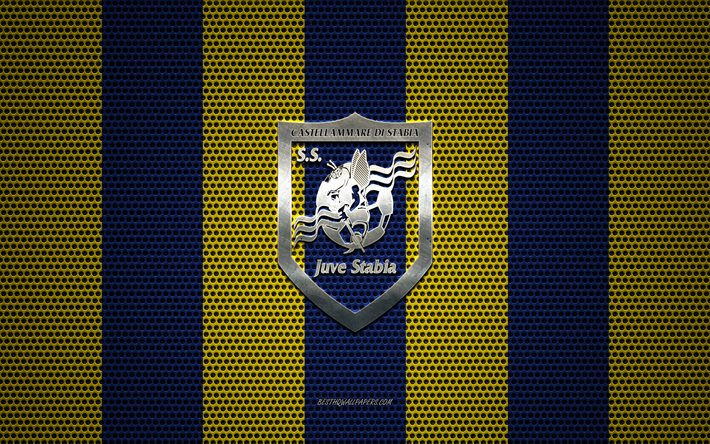 SS Juve Stabia logotipo, italiano, club de f&#250;tbol, el emblema de metal, azul y amarillo de malla de metal de fondo, SS Juve Stabia, Serie B, de Castellammare di Stabia, Italia, el f&#250;tbol