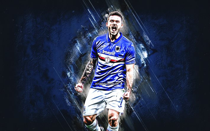 Karol Linetty, Sampdoria, polish soccer player, midfielder, blue stone background, football, Serie A, Unione Calcio Sampdoria