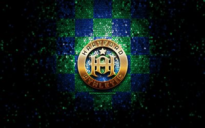 Hartford Athletic FC, glitter logotipo, USL, azul verde fundo quadriculado, EUA, time de futebol americano, Hartford Atl&#233;tico, United Soccer League, Hartford Atl&#233;tico logotipo, arte em mosaico, futebol, Am&#233;rica