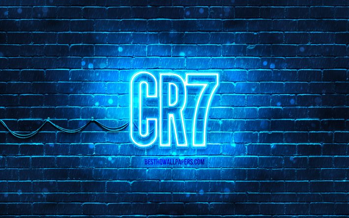 CR7 الشعار الأزرق, 4k, الأزرق brickwall, كريستيانو رونالدو, مروحة الفن, شعار CR7, نجوم كرة القدم, CR7 النيون شعار, CR7, كريستيانو رونالدو شعار