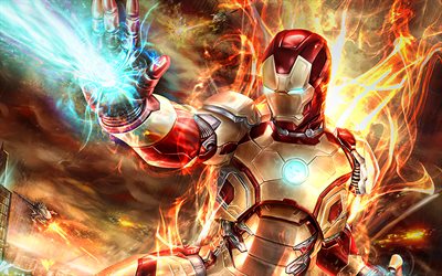 IronMan, fire flames, superheroes, Iron Man Mask, DC Comics, Iron Man, artwork