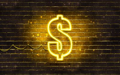 dollar gelbe schild, 4k, gelb brickwall -, dollar-zeichen, w&#228;hrung, zeichen, dollar-neon-zeichen, dollar