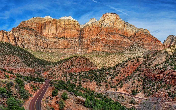 Zion National Park, 4k, estrada, montanhas, deserto, Springdale, Utah, bela natureza, EUA, Am&#233;rica, american marcos