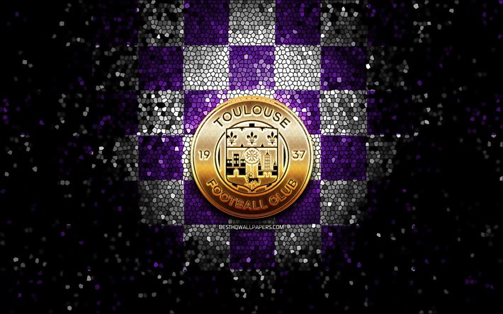 Toulouse FC, glitter logo, Ligue 1, violet white checkered background, soccer, FC Toulouse, french football club, Toulouse FC logo, mosaic art, football, France