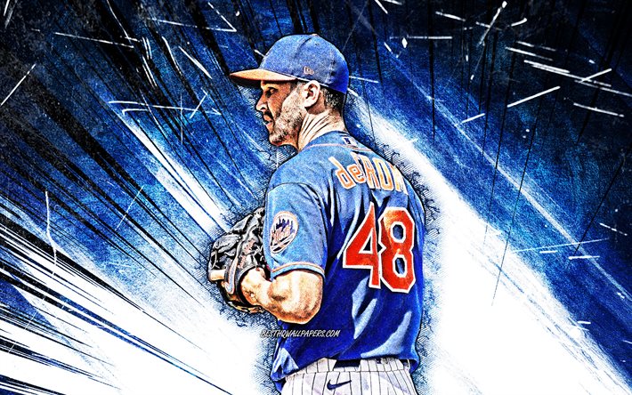 4k, Jacob deGrom, grunge arte, MLB, Mets de Nueva York, el lanzador de b&#233;isbol, Jacob Anthony deGrom, de la Liga Mayor de B&#233;isbol, azul abstracto rayos, Jacob deGrom Mets de Nueva York, Jacob deGrom 4K, NY Mets