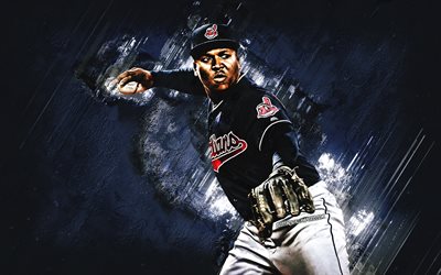 Jose Ramirez, Cleveland Indians, MLB, Dominican baseball player, portrait, blue stone background, baseball, Major League Baseball