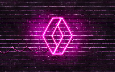 renault purple-logo, 4k, lila brickwall, renault logo, autos, marken, renault neon-logo, renault