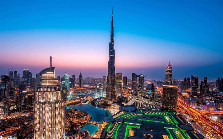 برج خليفة, دبي, الإمارات العربية المتحدة, مساء, غروب الشمس, سيتي سكيب, أعلى ناطحة سحاب في العالم, أفق دبي, ناطحات السحاب